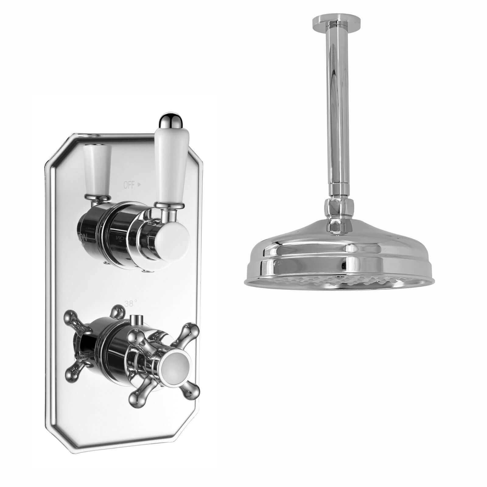Buy Regent Traditional Crosshead And White Lever Concealed Thermostatic Shower Set Ceiling Fixed 8" Shower Head - Chrome (1 Outlet) Online UK | HOUSE OF ENKI
